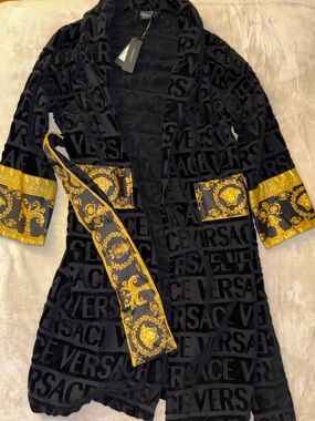 Versace Black Velvet Logo Robe with Gold Baroque Trim